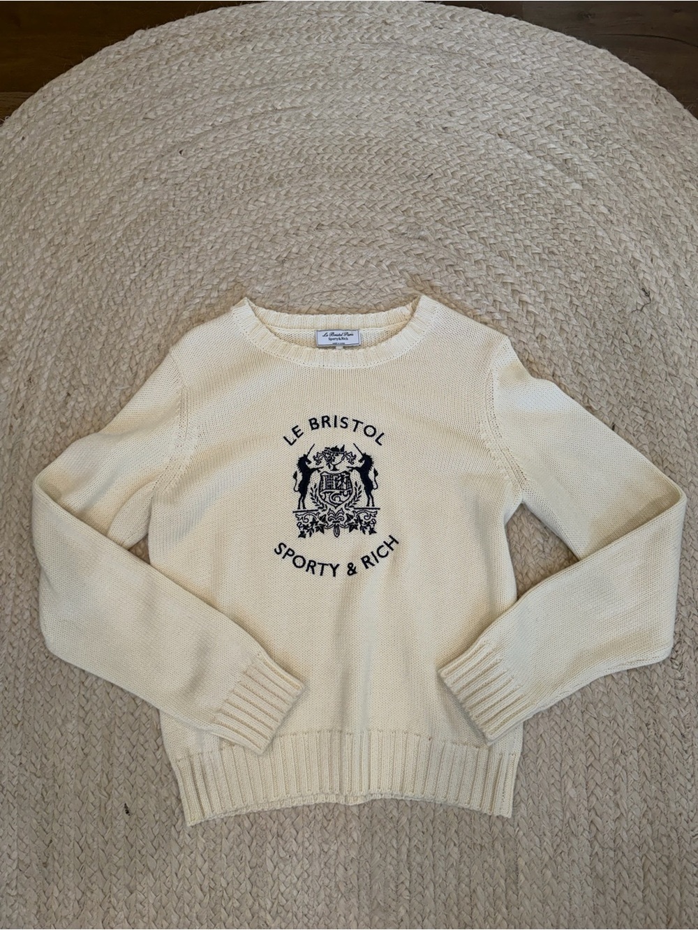 Sporty & Rich Cream Crewneck Sweater with Navy Crest